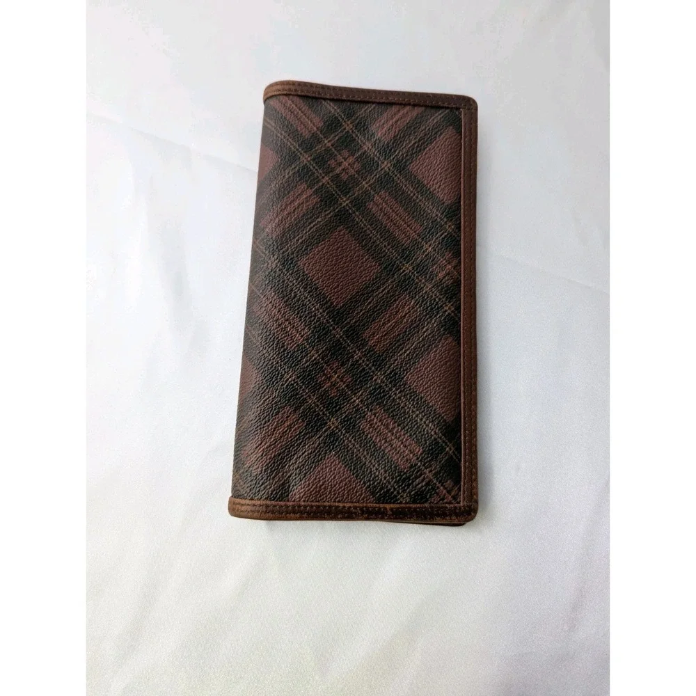 Vintage Polo Ralph Lauren Long Wallet Bifold Brown Tartan Leather Checkbook